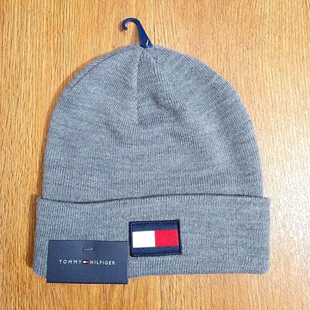 Tommy Hilfiger Gray Beanie Hat Gray Logo Fleece Cable Embroidered Logo Unisex